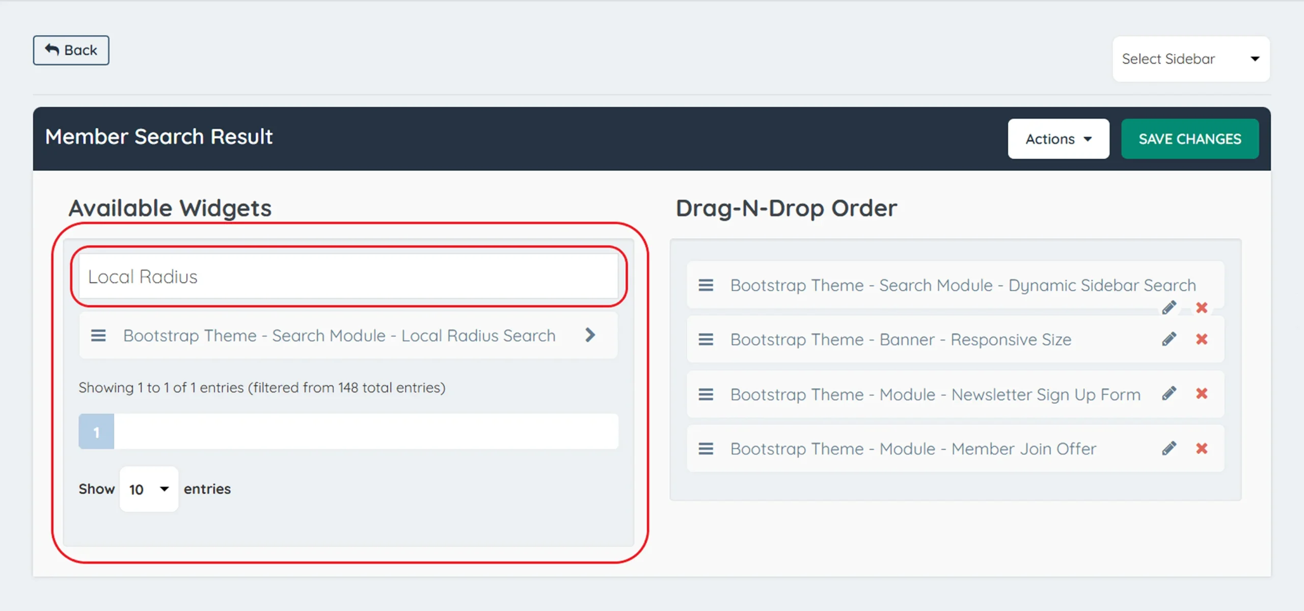 add widgets to sidebar using local radius search module