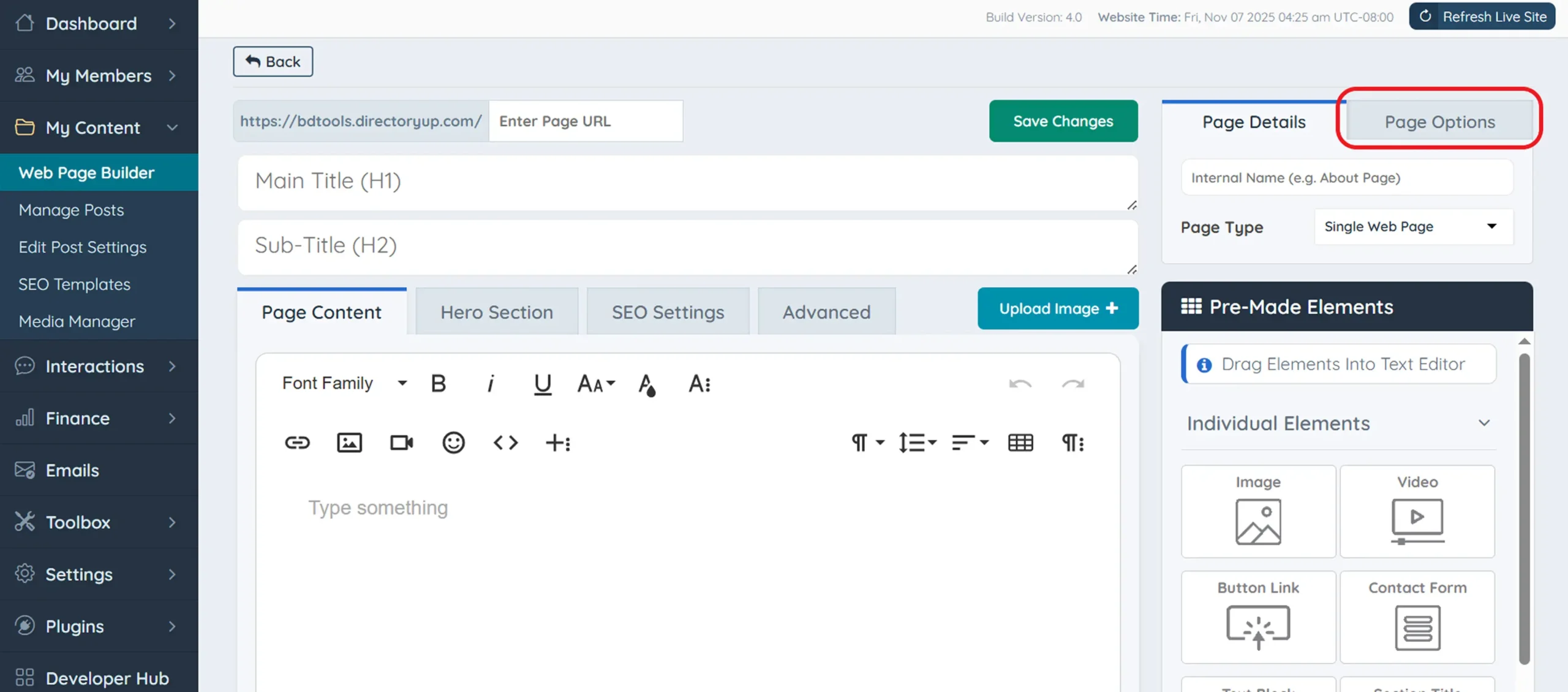 Brilliant Directories web page builder sidebar setup screen